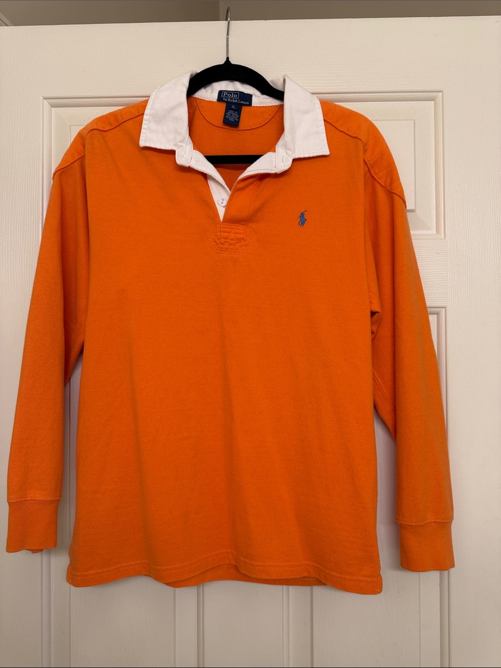 Vintage unisex Polo by Ralph Lauren Orange Rugby Shirt with White Collar